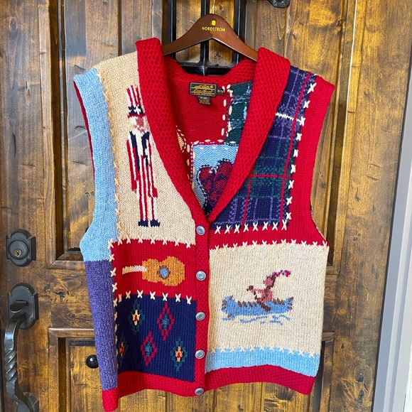 EDDIE BAUER Vtg 92 RALPH LAUREN Style American Flag & Indian Sweater Vest XL. - Picture 10 of 10